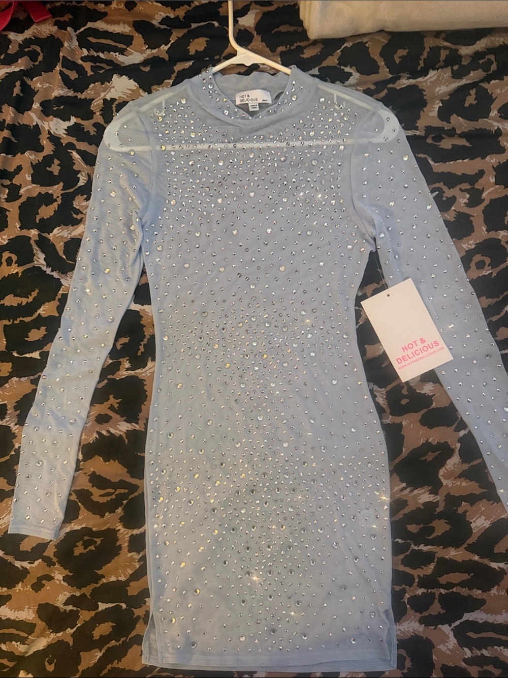 Hot & Delicious Light Blue Rhinestone Mesh Bodycon Long Sleeve Dress